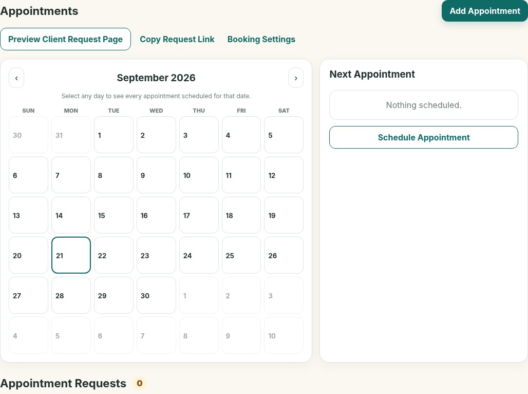 Actual EquiZenergy appointment calendar and Copy Request Link controls