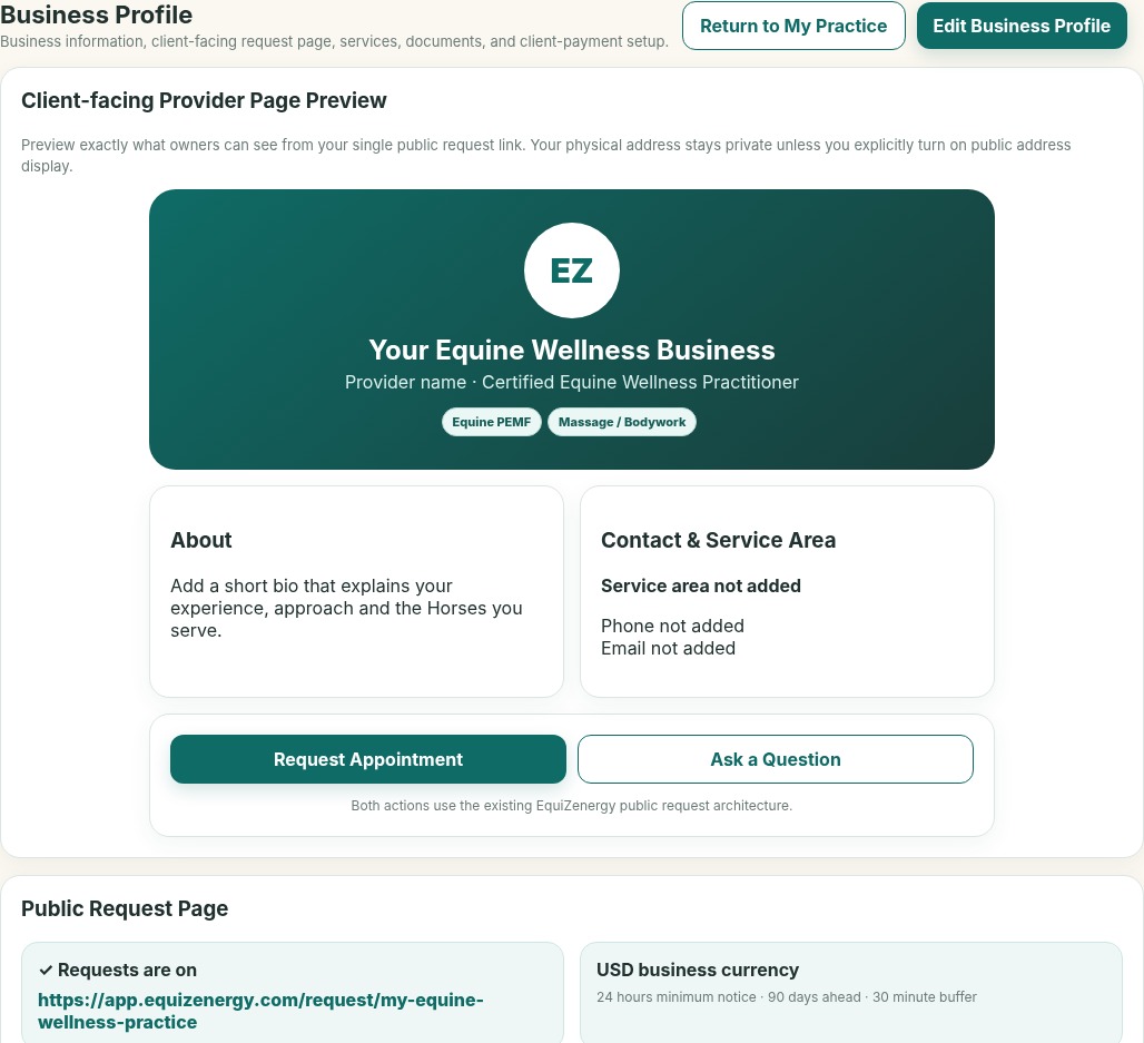 Actual EquiZenergy Business Profile screen with EZ sample provider logo