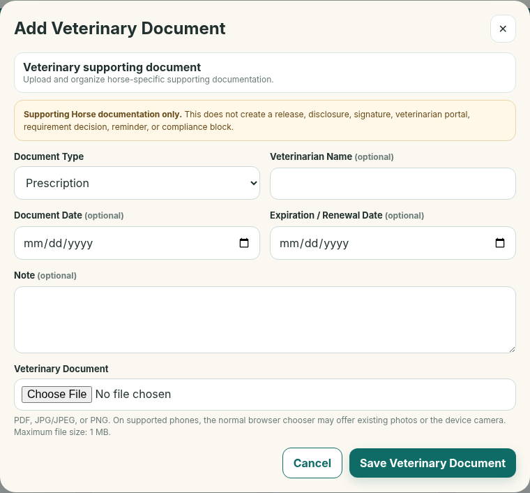Actual EquiZenergy Add Veterinary Document screen