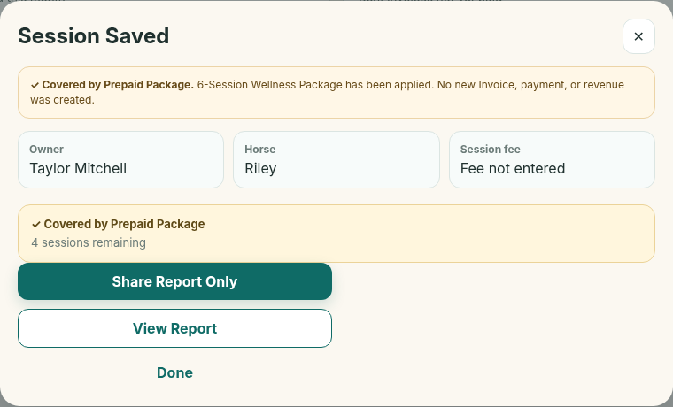 Actual EquiZenergy Session Saved screen showing four prepaid sessions remaining
